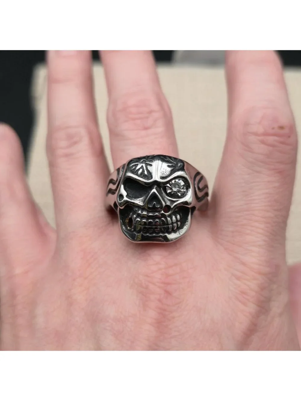 Size 16 Skull with Rhinestone Eye - Gothic Punk Biker Jewelry Band Ring A8103